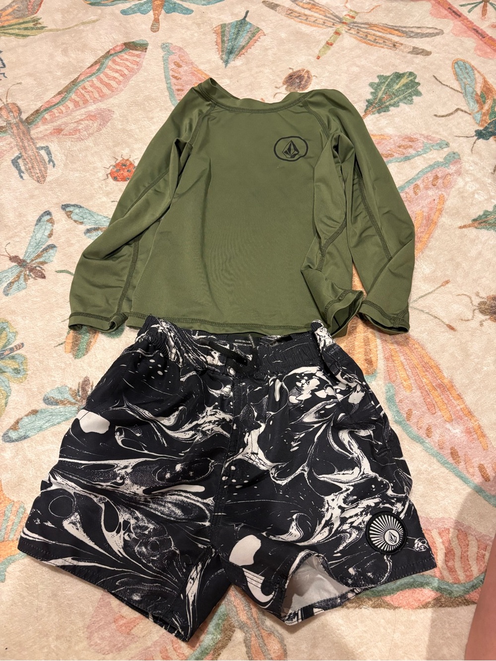 Volcom Olive Long-Sleeve Rash Guard with Black & White Marble Swim Shorts